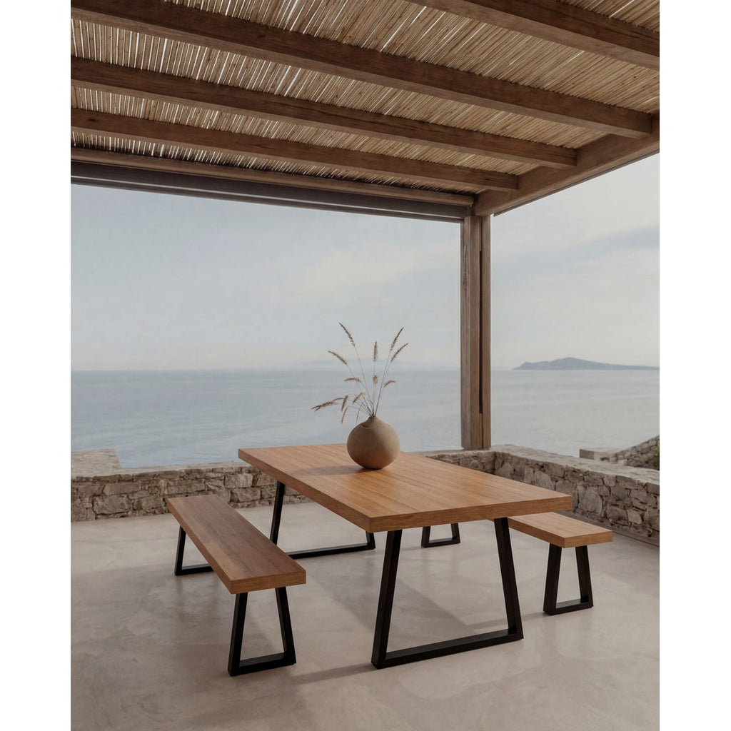 Banc en teck recyclé pieds en fer 280 cm, vue 3