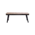 Banc pliant Herringbone en teck naturel à chevrons sur piètement en fer noir vu de face