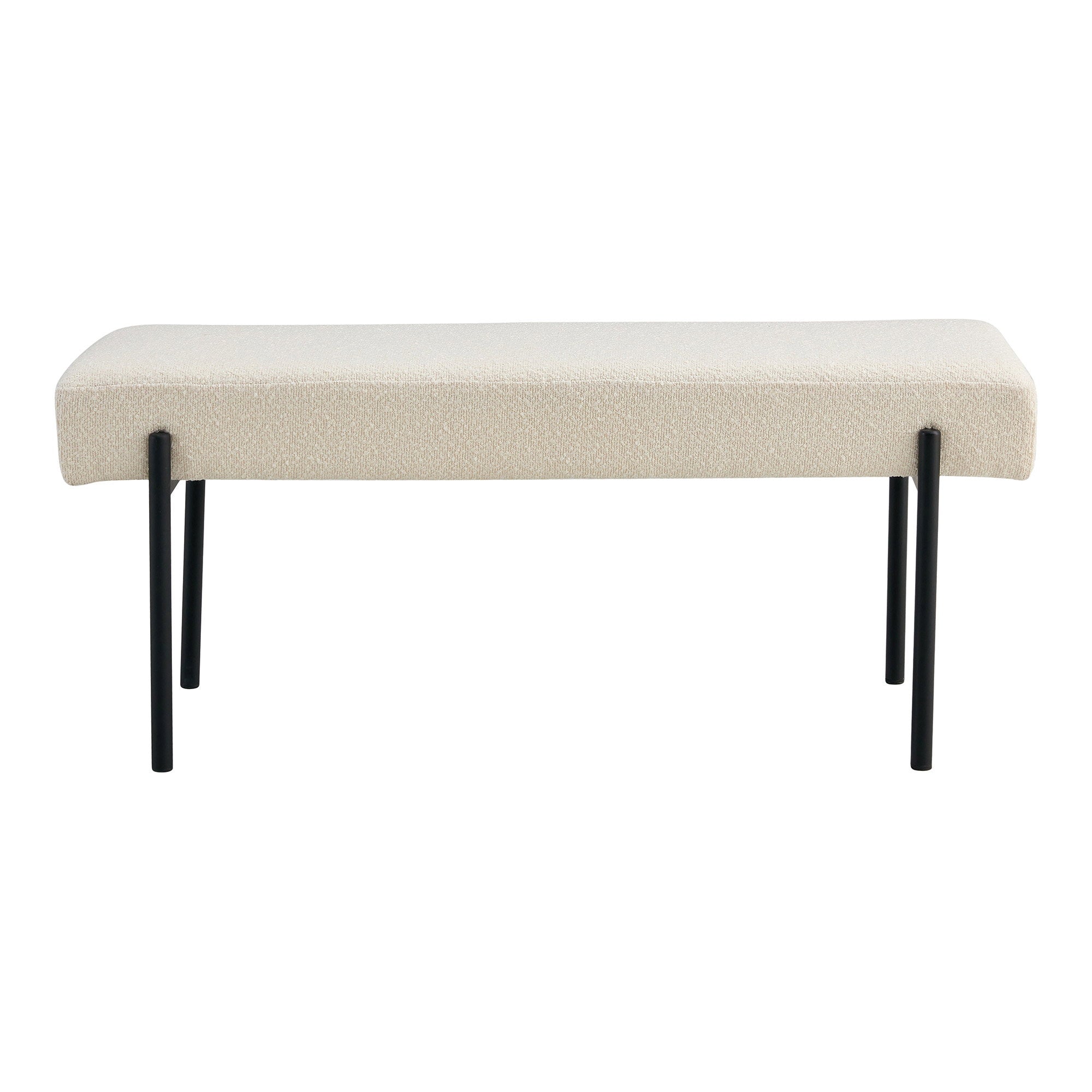 Banc Swindon vue de face assise coussin flottant bouclé blanc pieds acier noir mat 100 cm