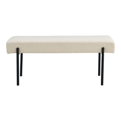 Banc Swindon vue de face assise coussin flottant bouclé blanc pieds acier noir mat 100 cm