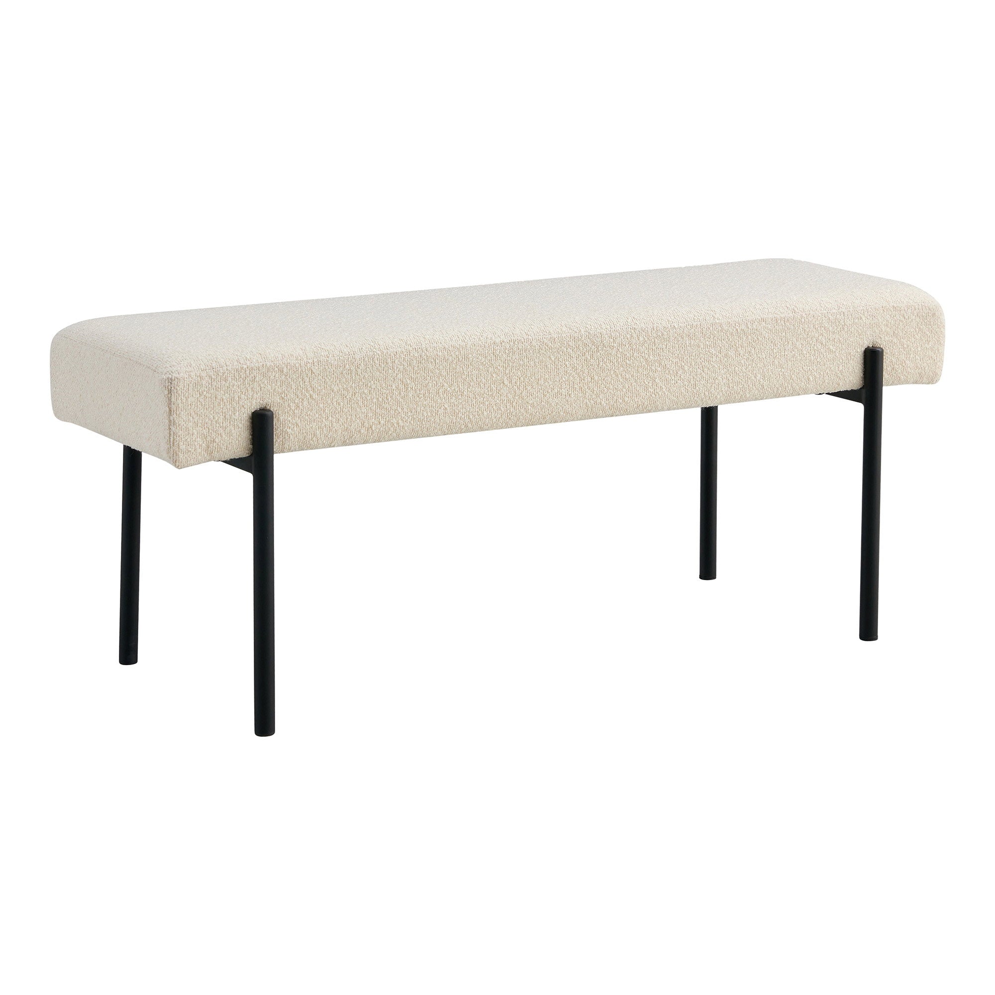 Banc Swindon assise rembourrée bouclé blanc pieds tubulaires acier noir mat vue trois quarts 100 cm