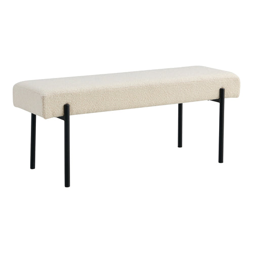 Banc Swindon assise rembourrée bouclé blanc pieds tubulaires acier noir mat vue trois quarts 100 cm