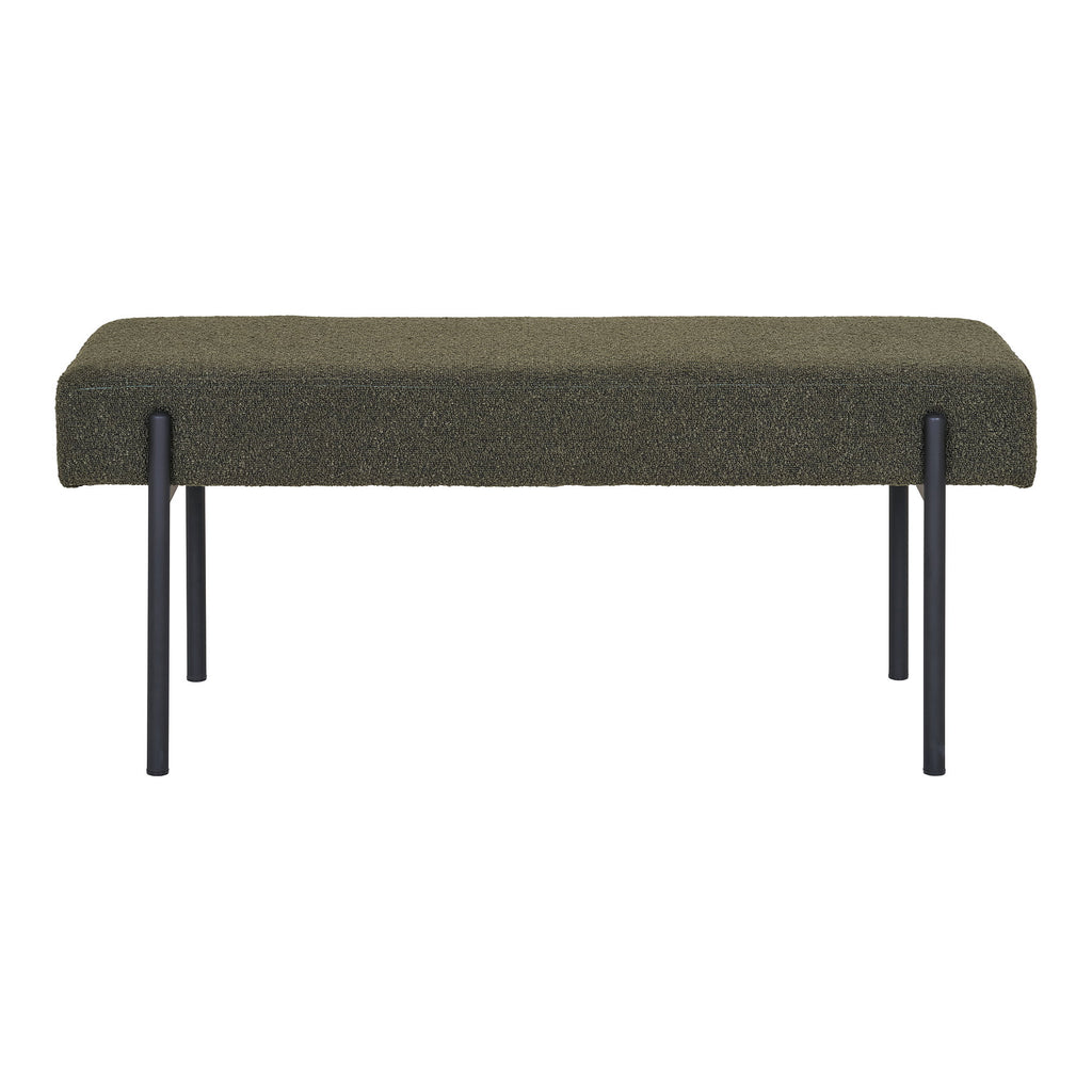 Banc Swindon vue de face assise coussin flottant bouclé vert kaki pieds acier noir mat 100 cm