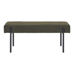 Banc Swindon vue de face assise coussin flottant bouclé vert kaki pieds acier noir mat 100 cm