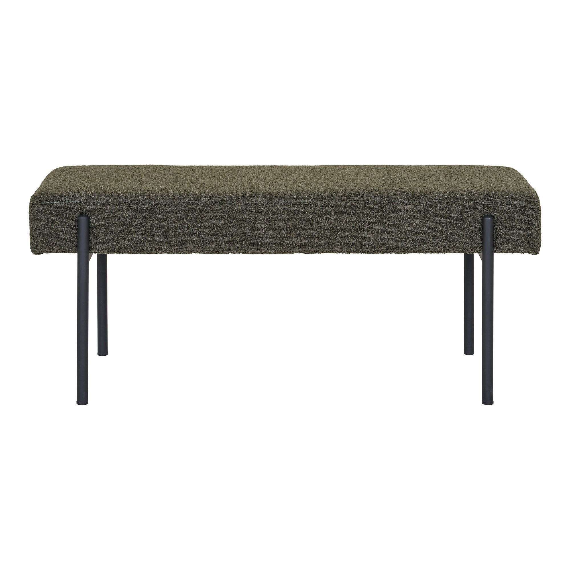 Banc Swindon vue de face assise coussin flottant bouclé vert kaki pieds acier noir mat 100 cm
