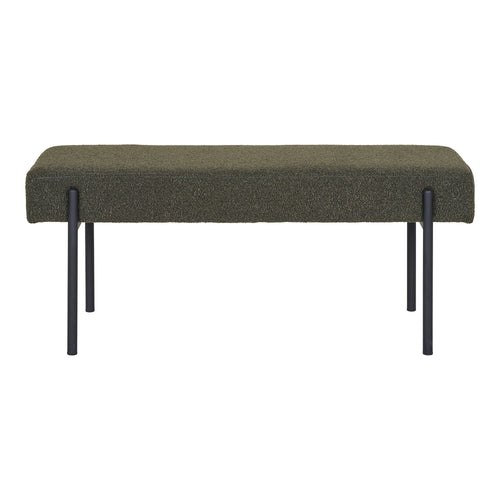 Banc Swindon vue de face assise coussin flottant bouclé vert kaki pieds acier noir mat 100 cm