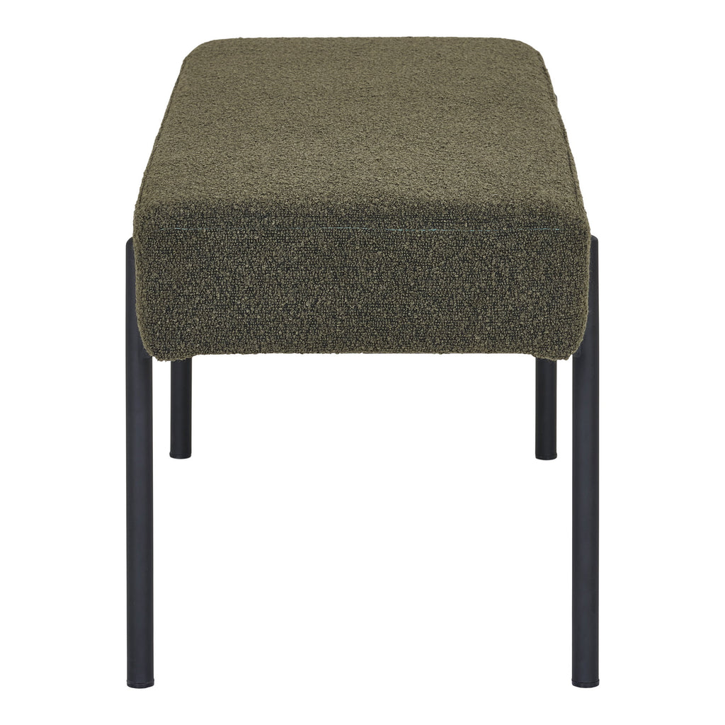 Banc Swindon vue profil assise bouclé vert foncé coussin flottant pieds acier noir mat