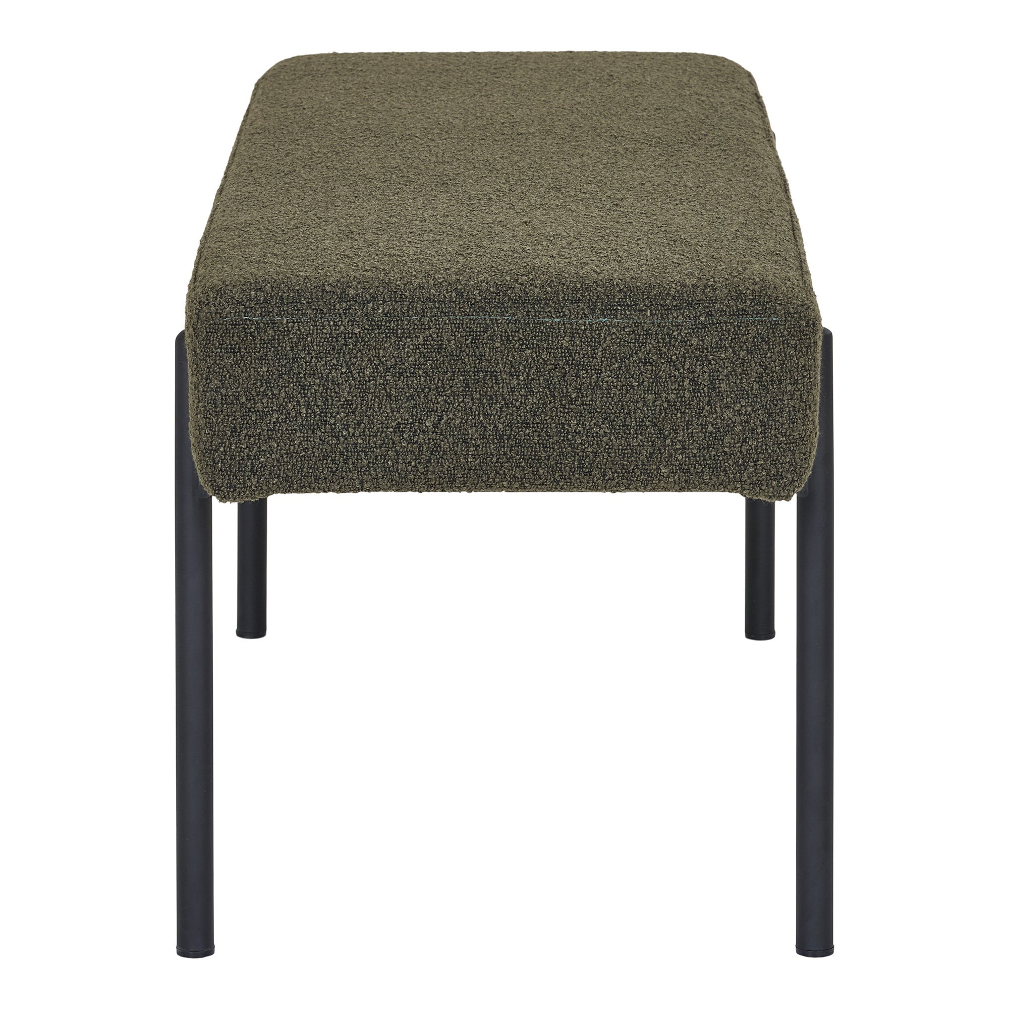 Banc Swindon vue profil assise bouclé vert foncé coussin flottant pieds acier noir mat