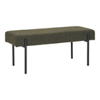 Banc Swindon vue trois quarts assise rembourrée bouclé vert foncé pieds noirs tubulaires 100 cm
