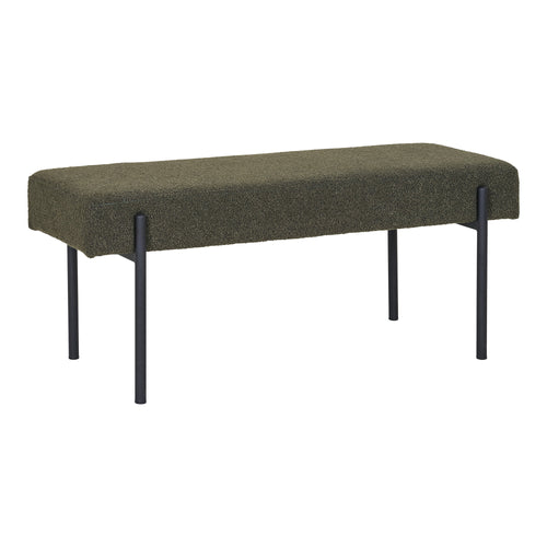 Banc Swindon vue trois quarts assise rembourrée bouclé vert foncé pieds noirs tubulaires 100 cm