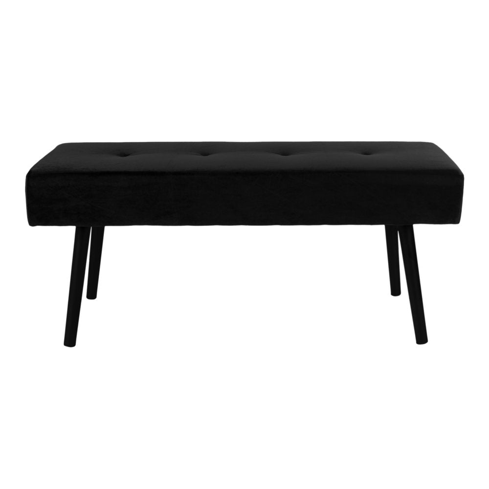 Banc Skiby velours noir capitonnage boutons vue de face pieds fuselés métal noir