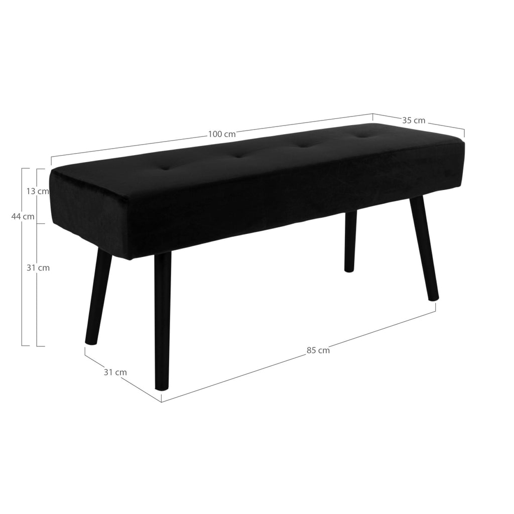 Banc de salon Skiby 100 cm velours noir capitonné pieds métal noir style contemporain