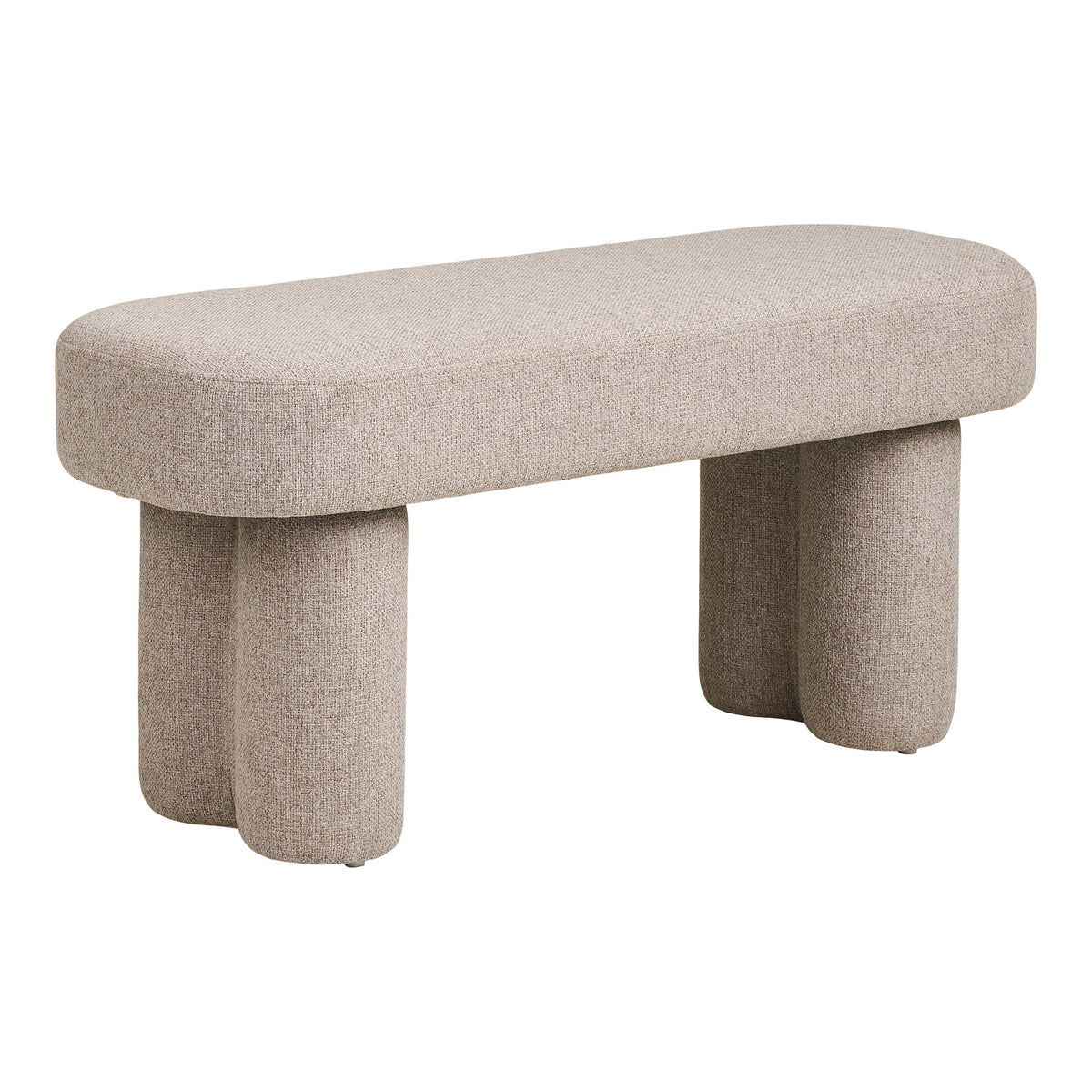 Banc Weston en tissu chiné sable vu de trois quarts avec son assise oblongue et ses pieds doubles