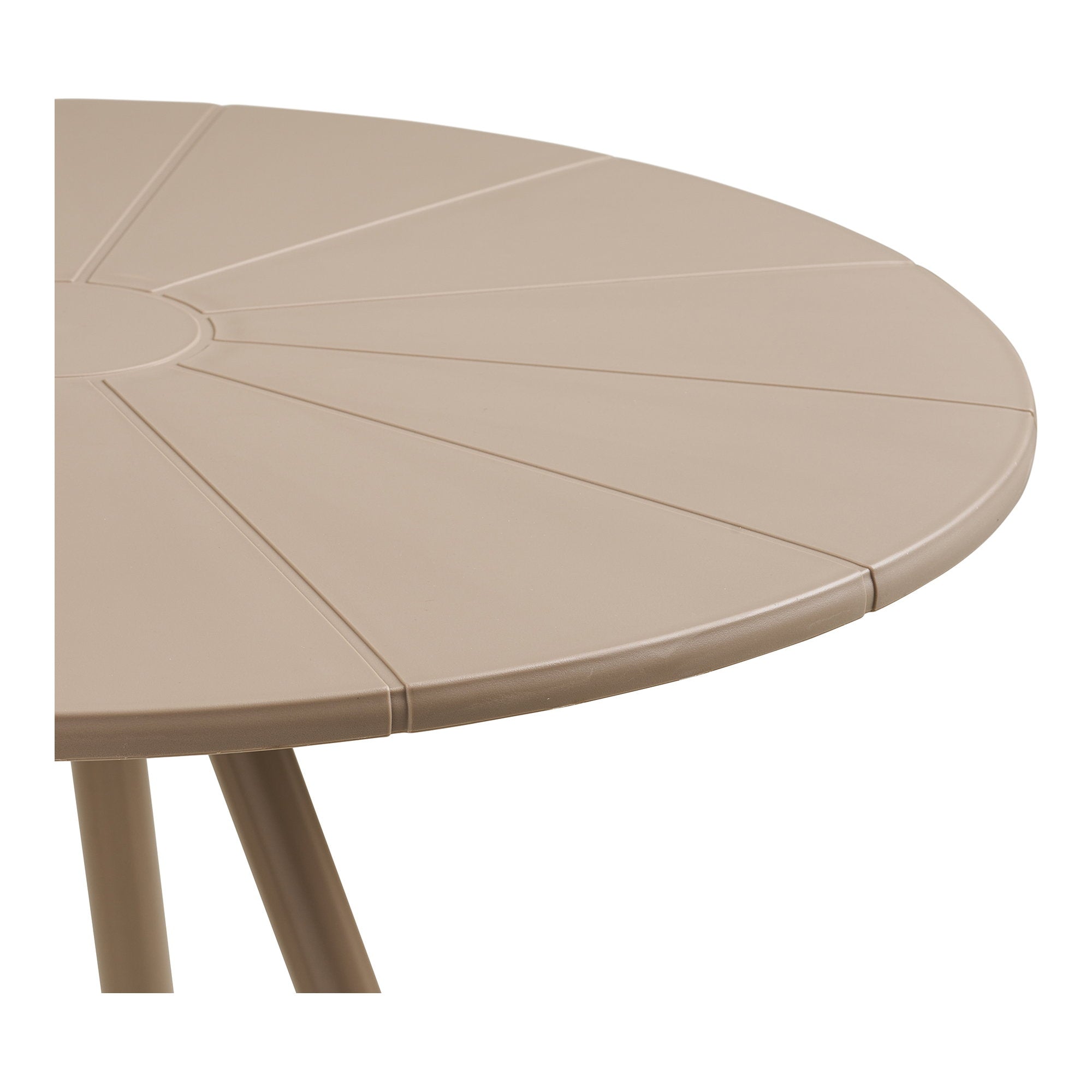 Gros plan segments rayonnants plateau polypropylène taupe mat table bistrot Barletta extérieur