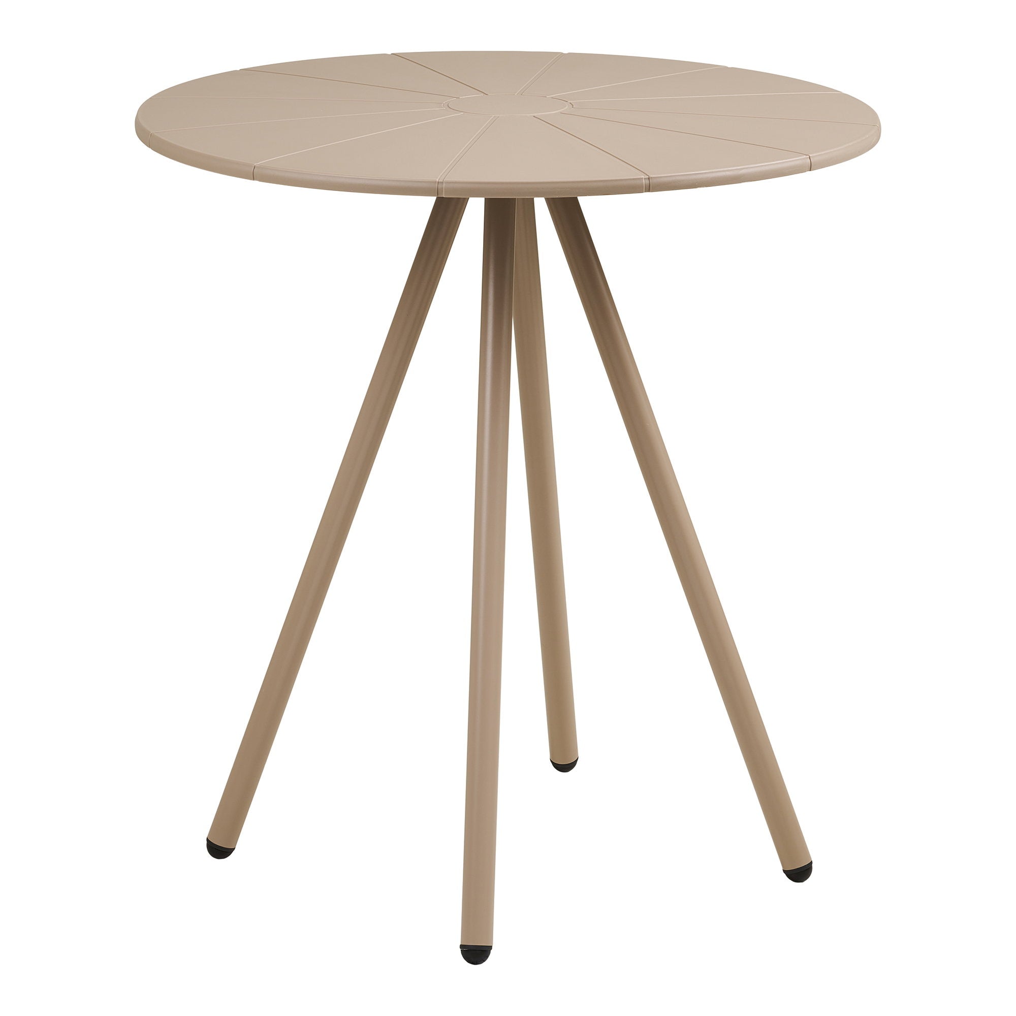 Table bistrot ronde polypropylène taupe plateau soleil pieds acier inclinés vue angle fond blanc