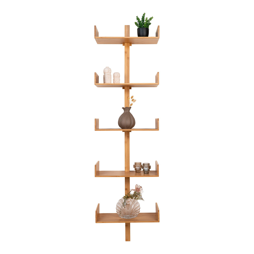 Bibliothèque Villa bambou 5 niveaux avec objets déco vases céramique photophores plante