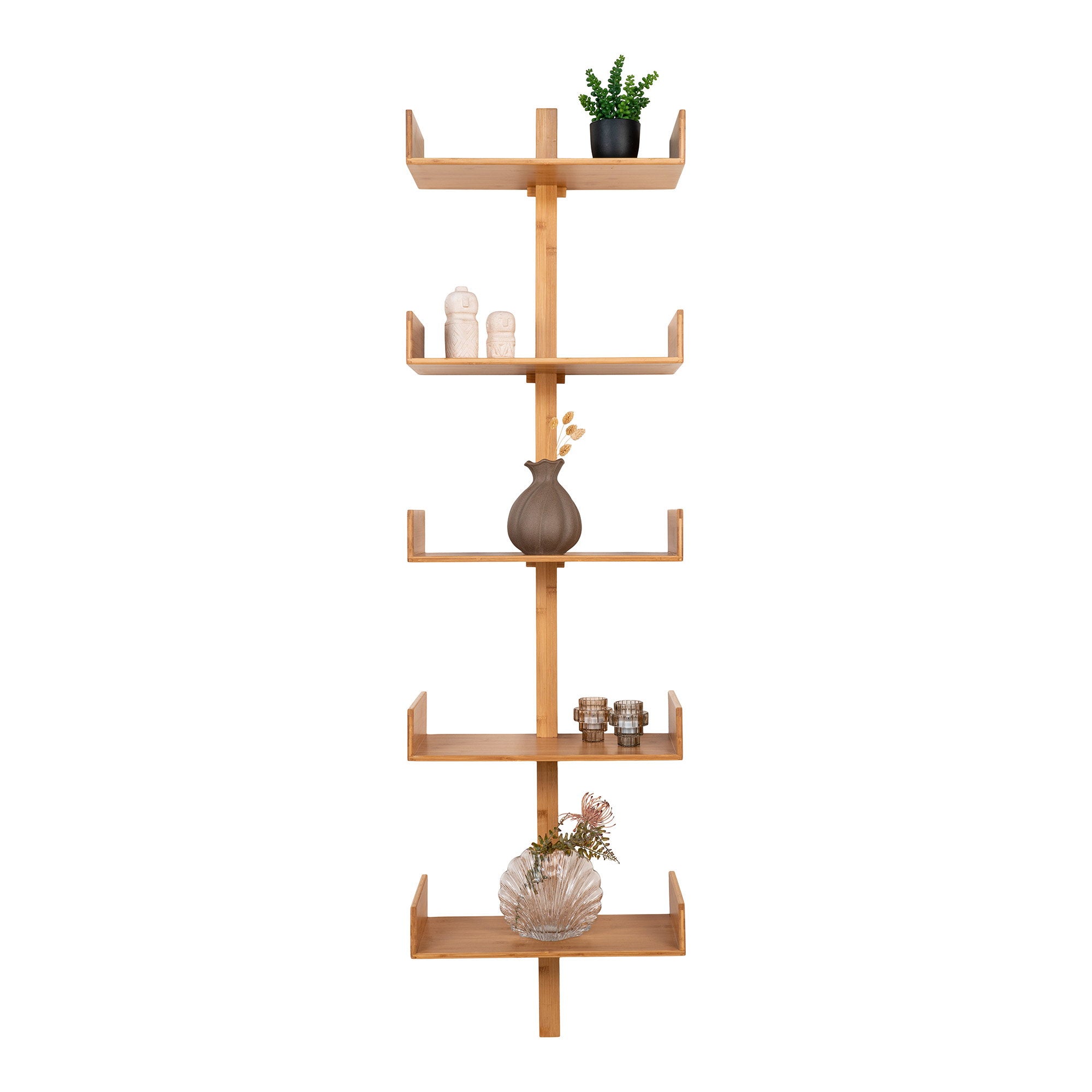 Bibliothèque Villa bambou 5 niveaux avec objets déco vases céramique photophores plante