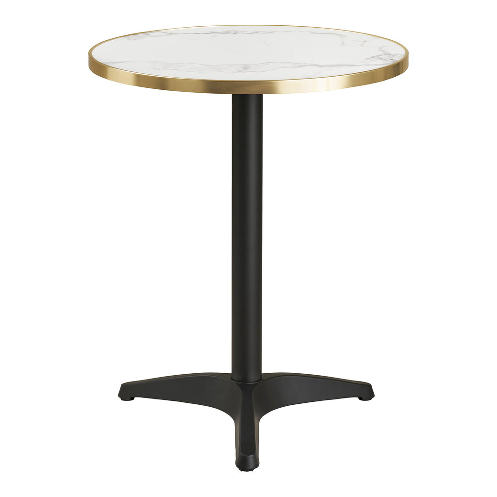 Table bistrot ronde plateau marbre blanc cerclage doré pied aluminium tripode noir fond blanc