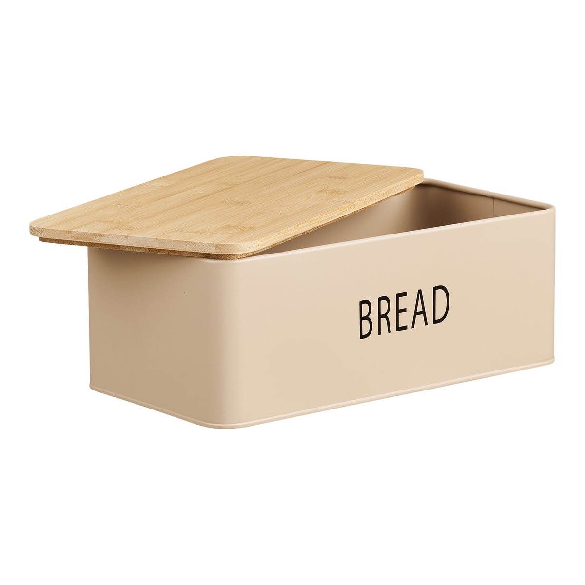 Boîte à pain Tula en métal beige avec son couvercle en bambou entrouvert