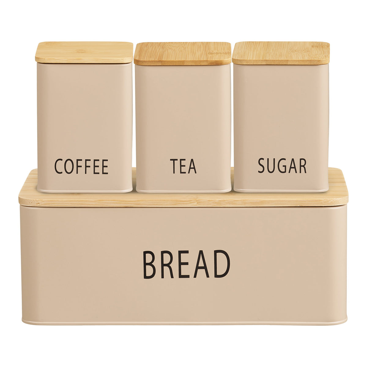 Boîte à pain Tula en métal beige vue de face avec les pots Coffee Tea Sugar posés sur son couvercle en bambou