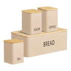 Boîte à pain Tula beige vue de trois quarts avec deux pots posés sur son couvercle en bambou et le pot Tea devant