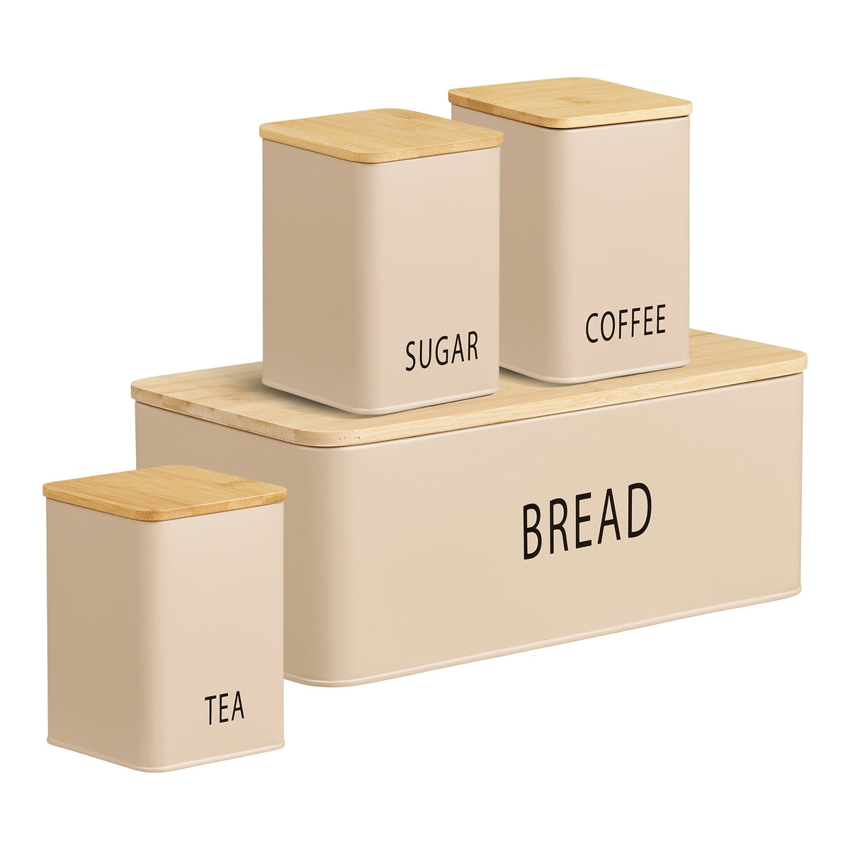 Boîte à pain Tula beige vue de trois quarts avec deux pots posés sur son couvercle en bambou et le pot Tea devant
