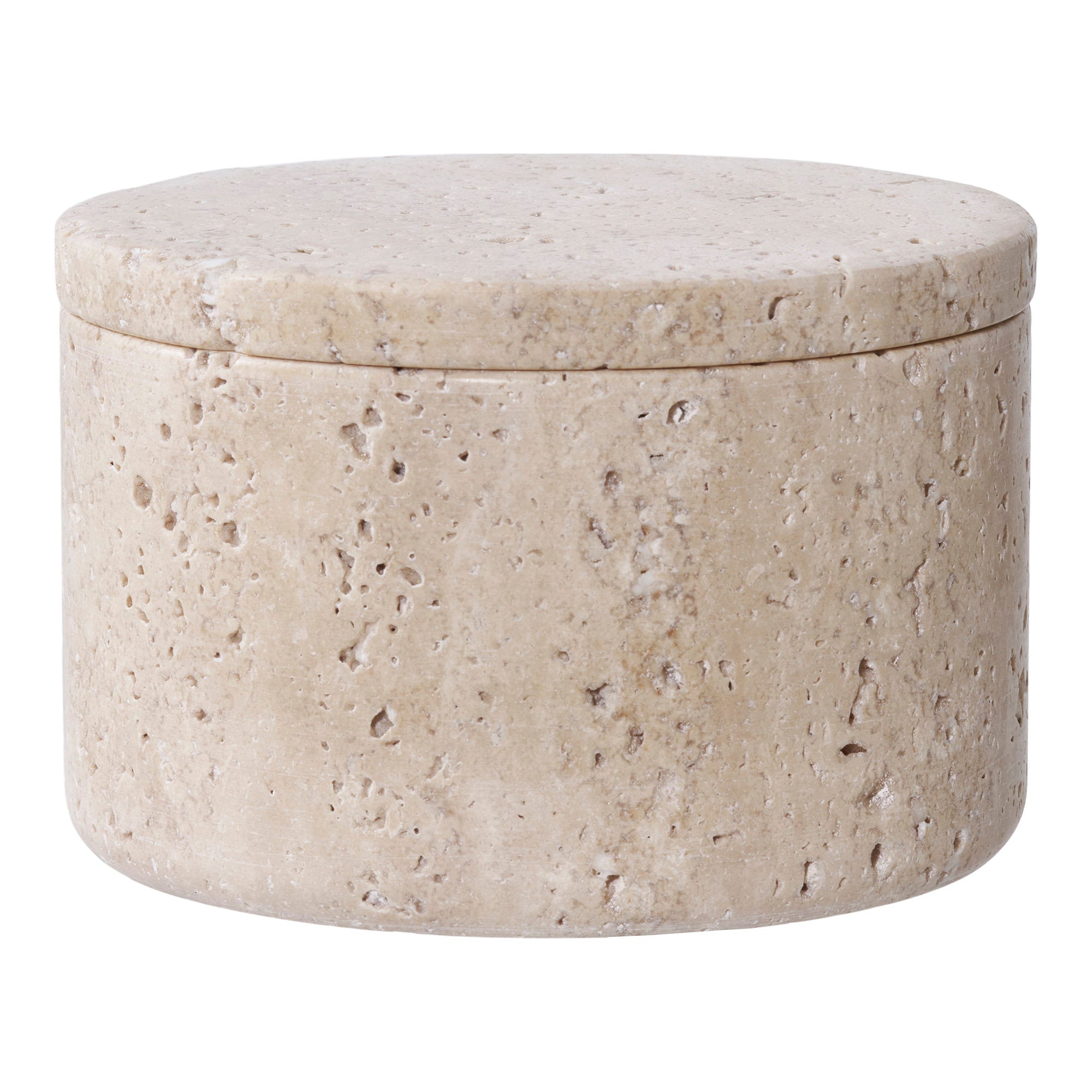 Boîte à couvercle travertin naturel cylindrique Ø10x6,5 cm fond blanc