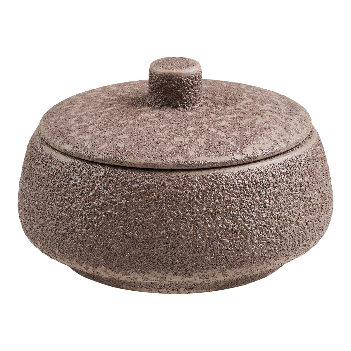 Boîte décorative ronde en céramique brune texturée vue de trois quarts avec son couvercle à bouton