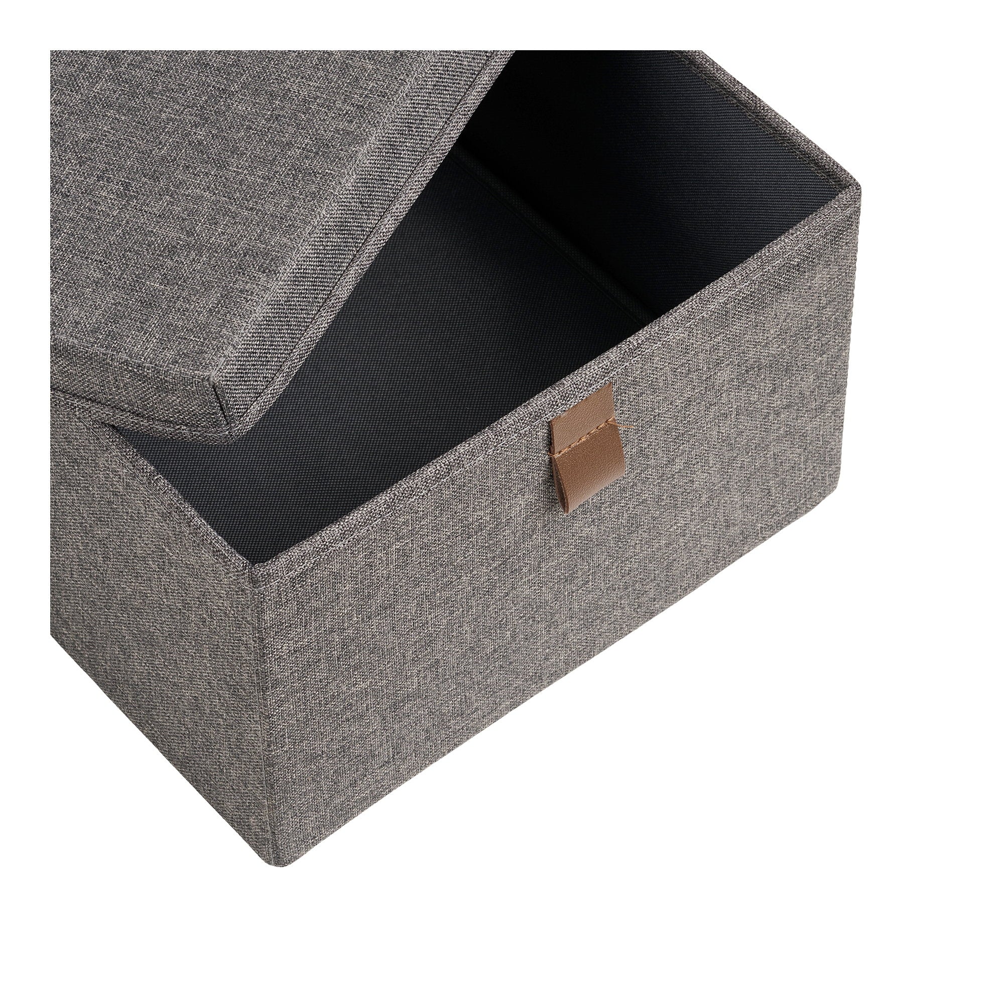 Détail boîte rangement Noto gris foncé couvercle ouvert intérieur tissu noir rigide