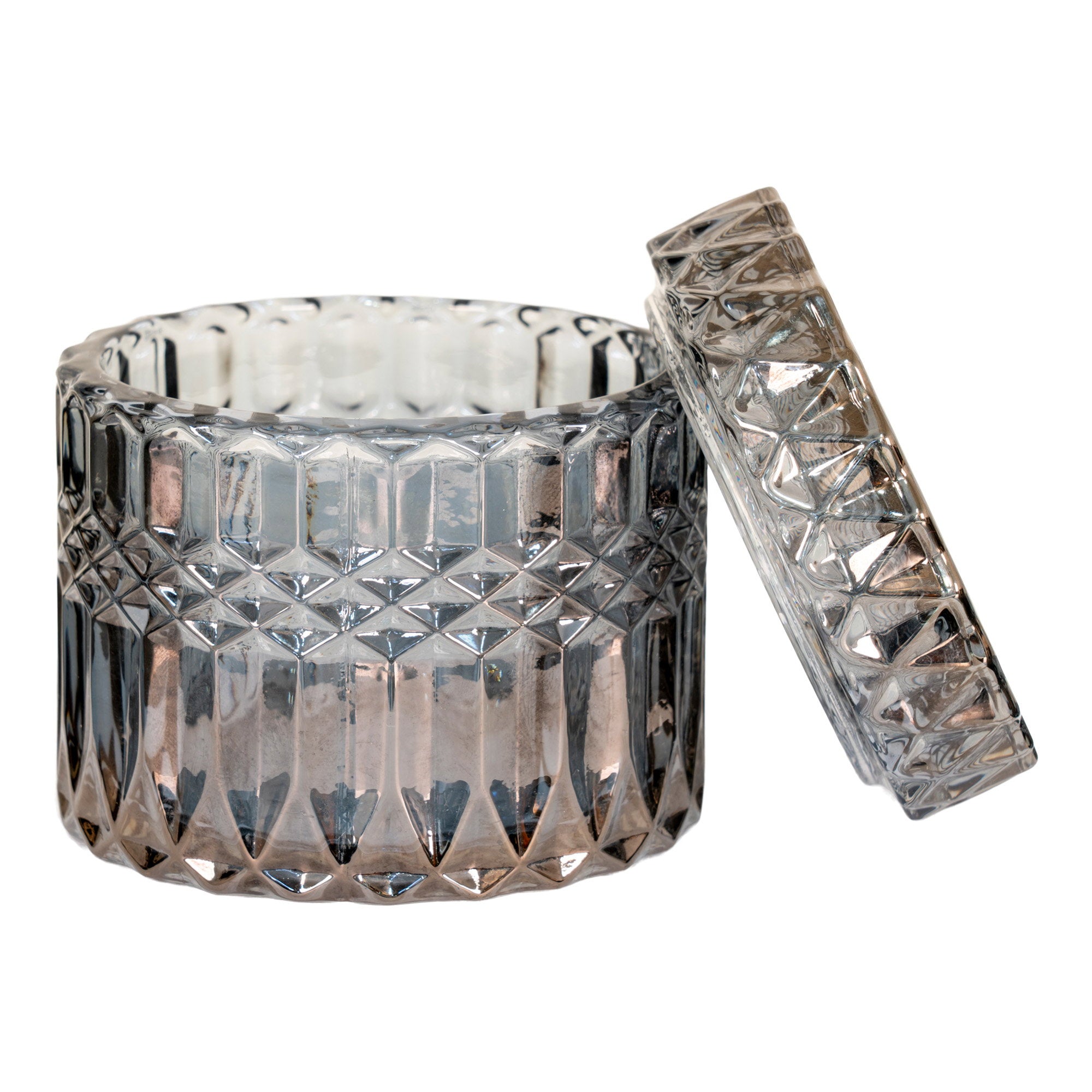 Boîte verre fumé motif diamants losanges couvercle ouvert vue trois quarts
