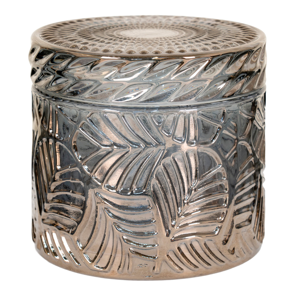 Boîte décorative verre fumé irisé motif feuilles tropicales taillé vue de face