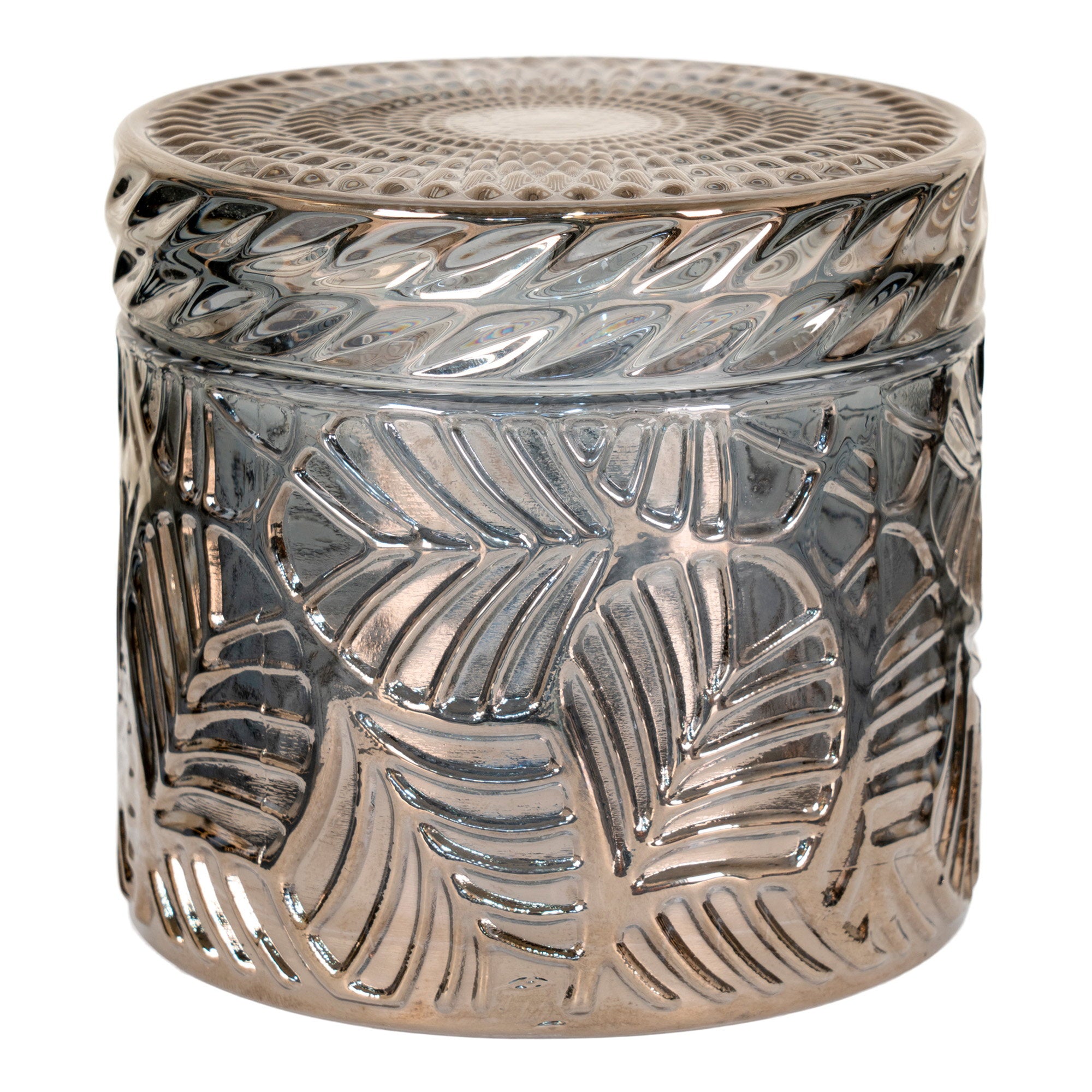 Boîte décorative verre fumé irisé motif feuilles tropicales taillé vue de face