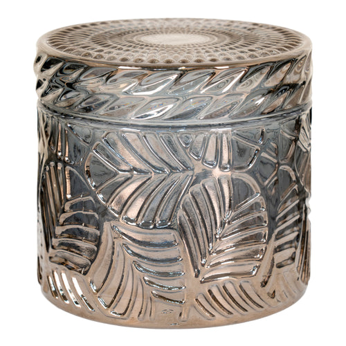Boîte décorative verre fumé irisé motif feuilles tropicales taillé vue de face