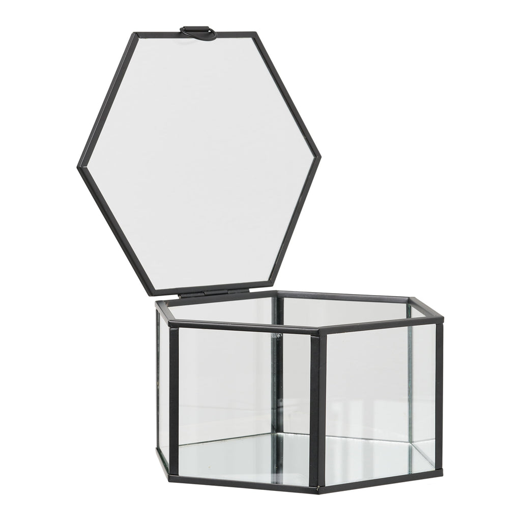 Boîte hexagonale Torpe verre métal noir couvercle ouvert vue de face