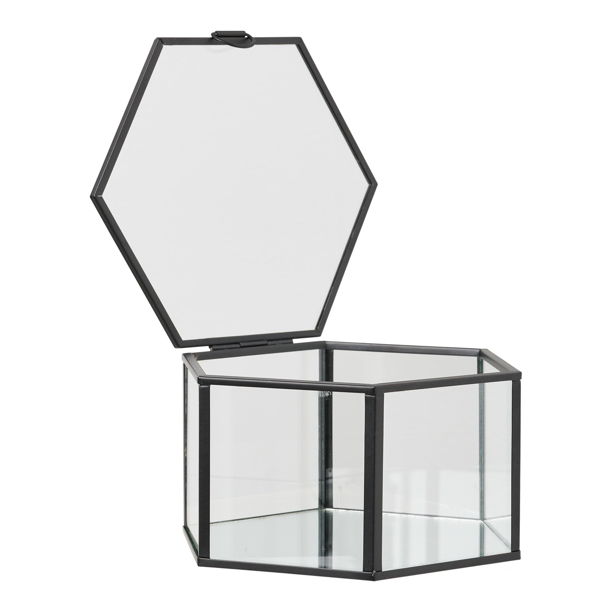 Boîte hexagonale Torpe verre métal noir couvercle ouvert vue de face