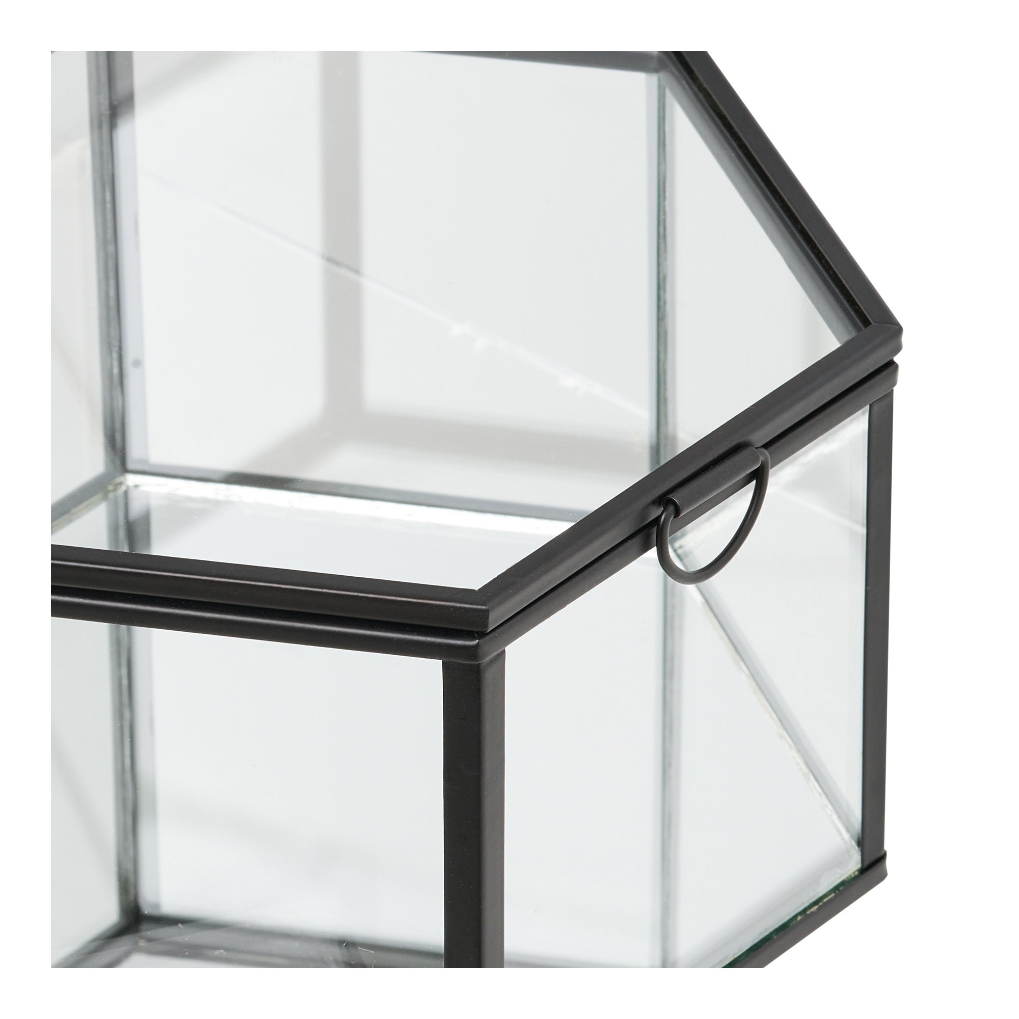 Détail anneau préhension métal noir boîte hexagonale Torpe verre transparent