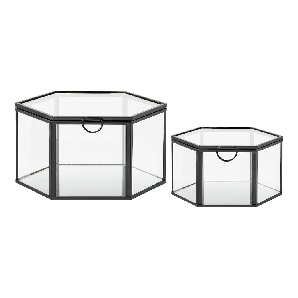 Boîte décorative hexagonale Torpe verre transparent métal noir set de 2 tailles