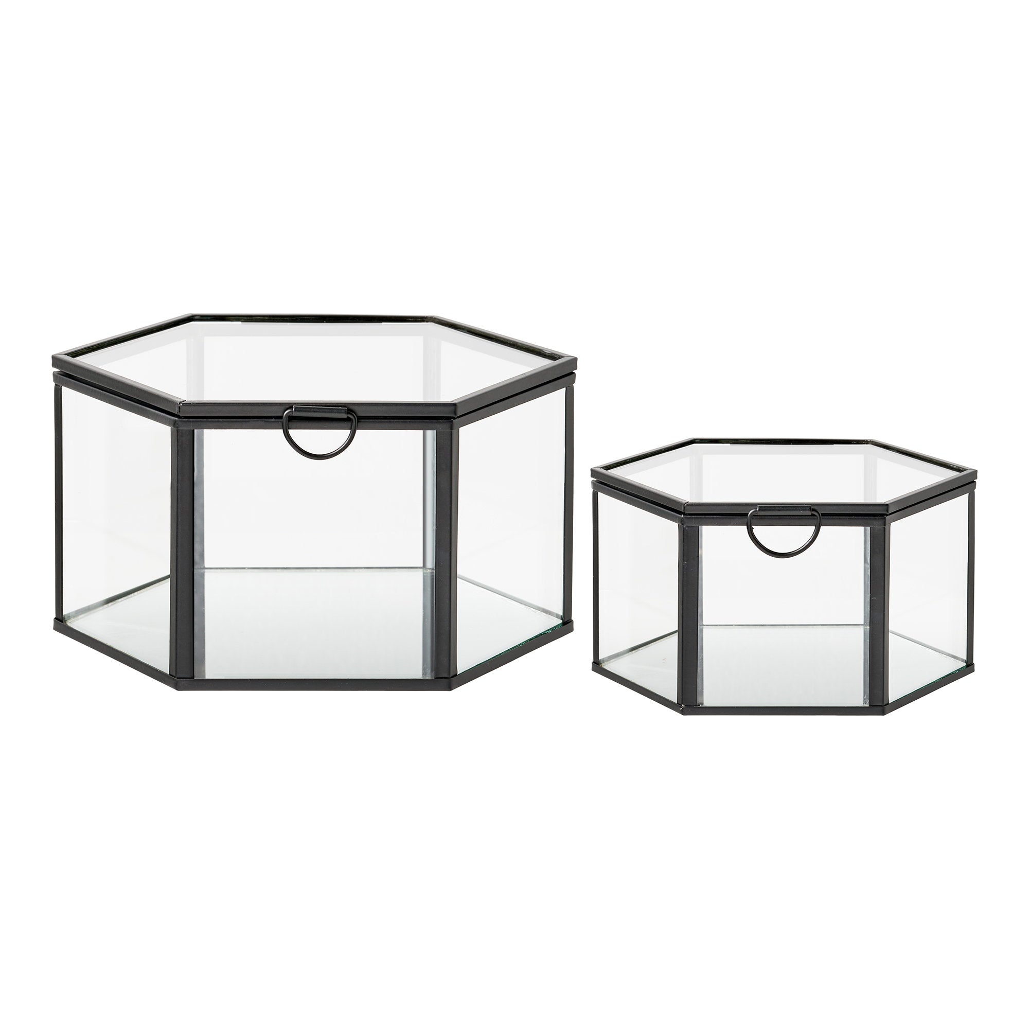Boîte décorative hexagonale Torpe verre transparent métal noir set de 2 tailles