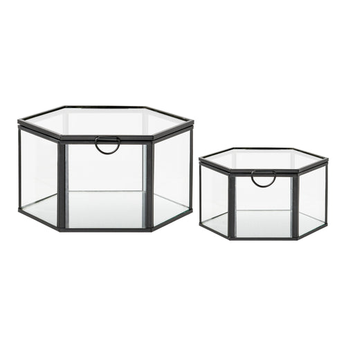 Boîte décorative hexagonale Torpe verre transparent métal noir set de 2 tailles
