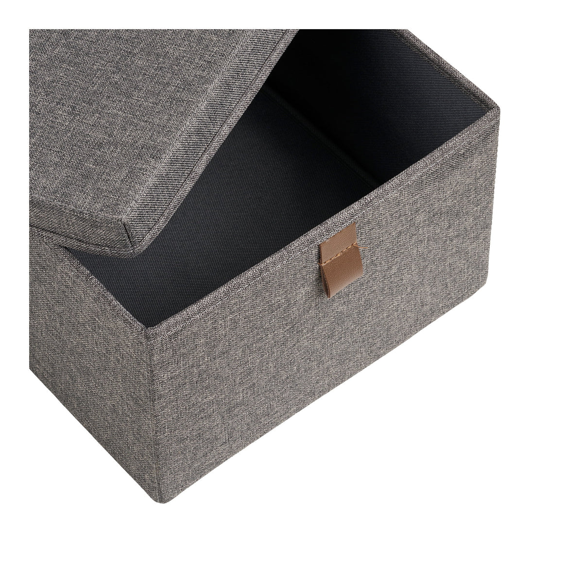 Boîte de rangement Noto gris foncé ouverte sur son intérieur doublé de tissu noir