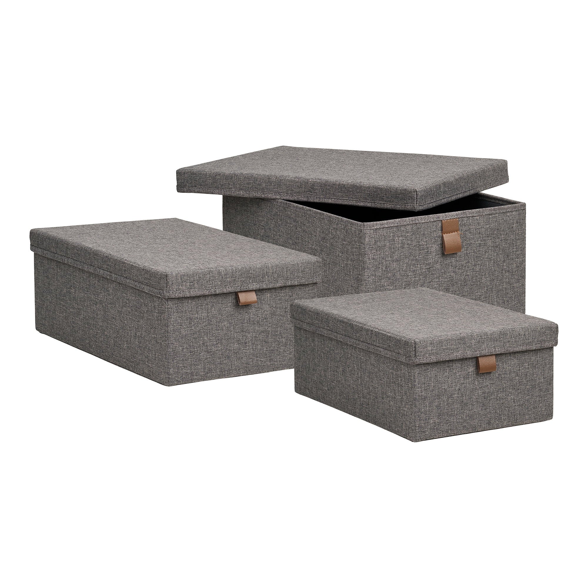 Set boîtes Noto trois tailles S M L gris foncé vue composition couvercle ouvert