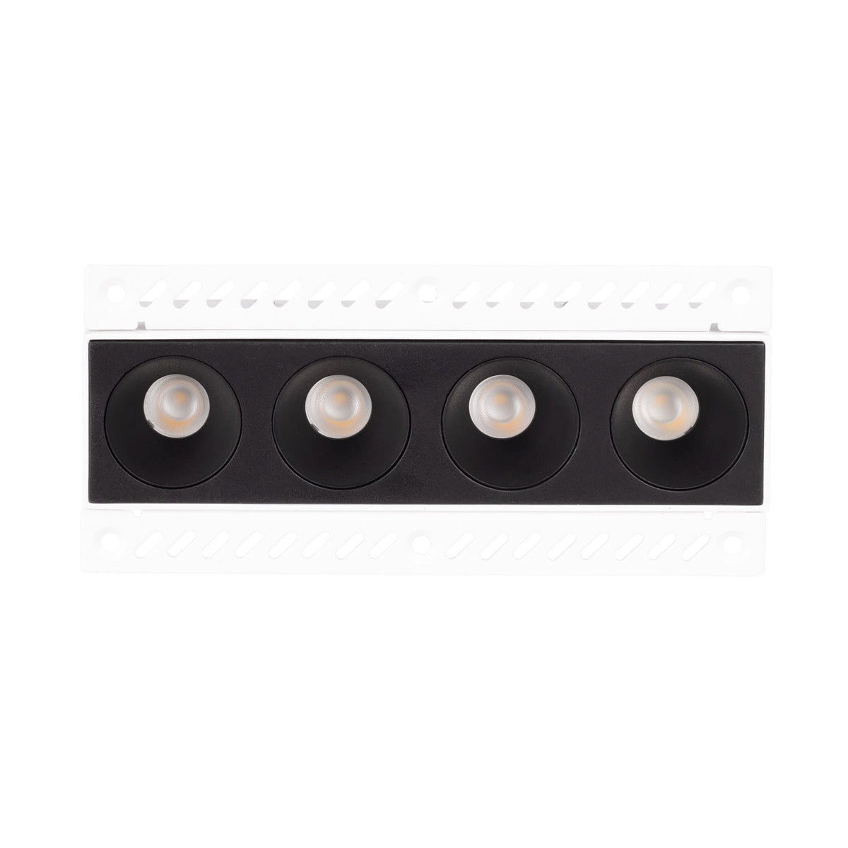 Boîtier de spot encastré sans cadre Modular blanc équipé d'un module noir à quatre cellules entre ses deux ailettes perforées