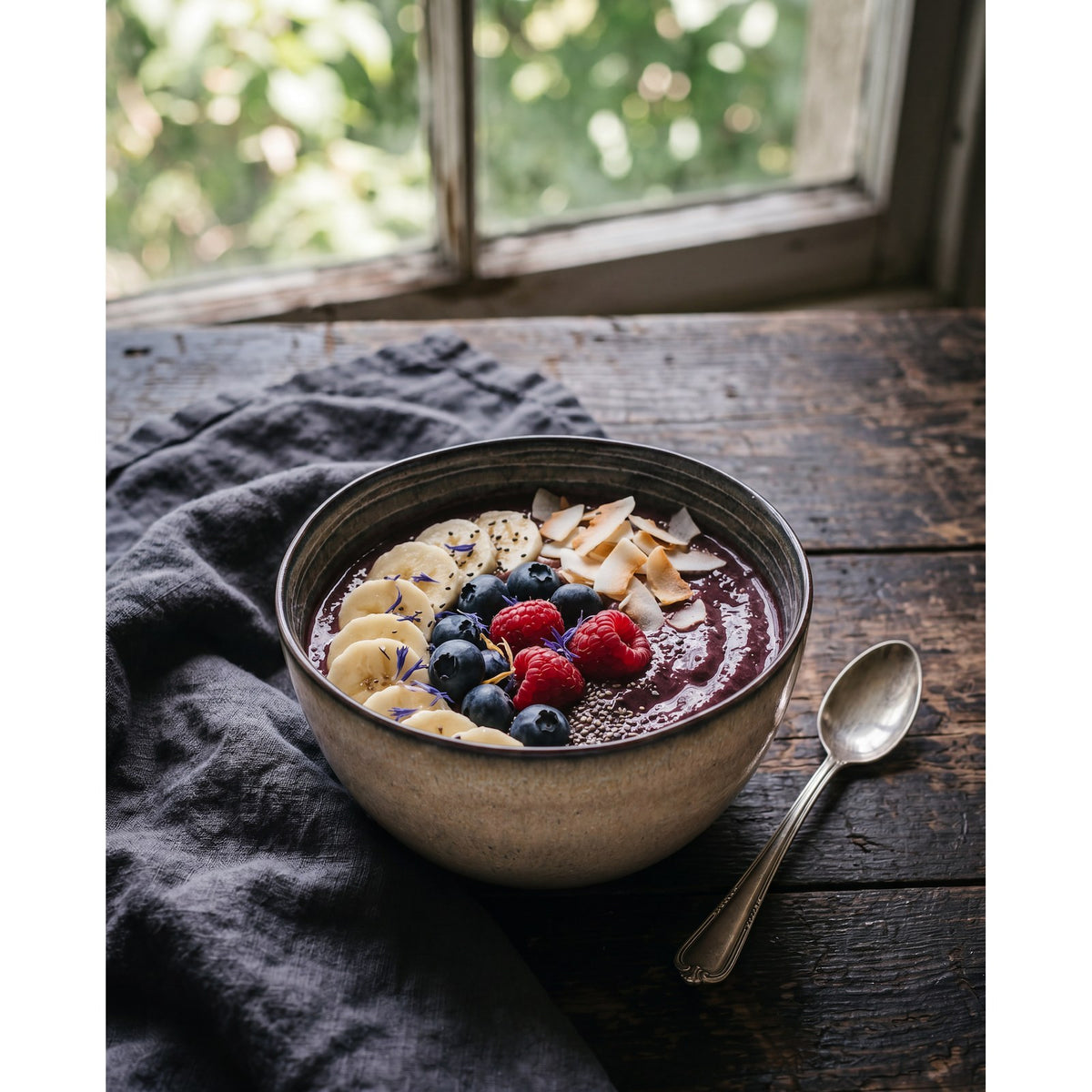 Bol Comporta en grès ø 15 cm garni d'un açaï bowl aux fruits rouges et à la banane près d'une fenêtre