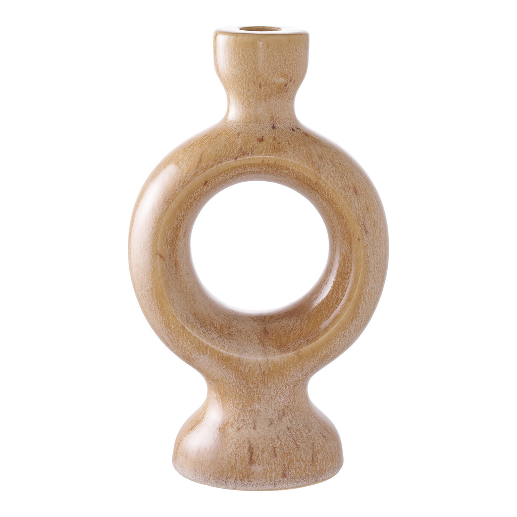 Bougeoir céramique anneau unique camel sablé H23,5 cm vue de face fond blanc