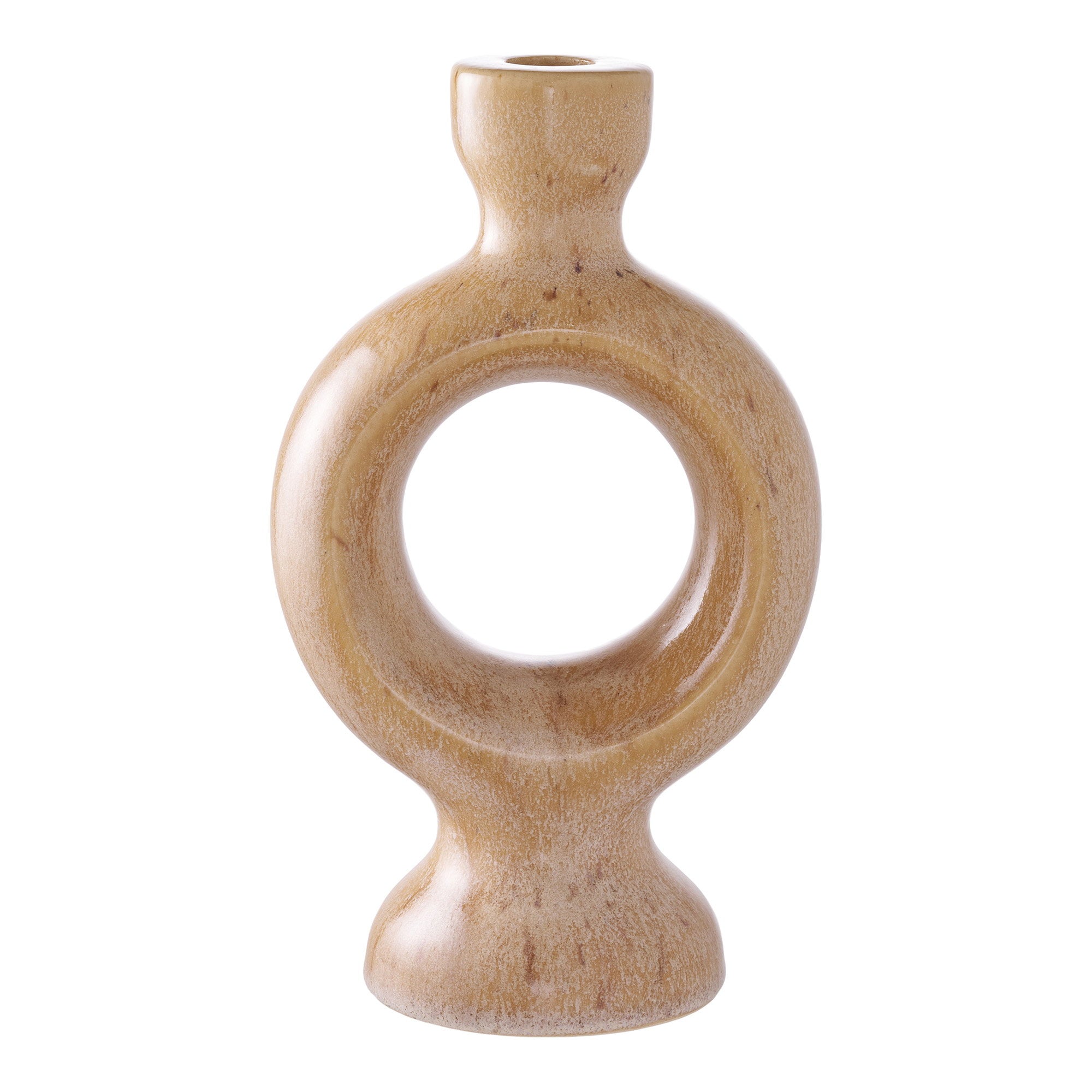 Bougeoir céramique anneau unique camel sablé H23,5 cm vue de face fond blanc