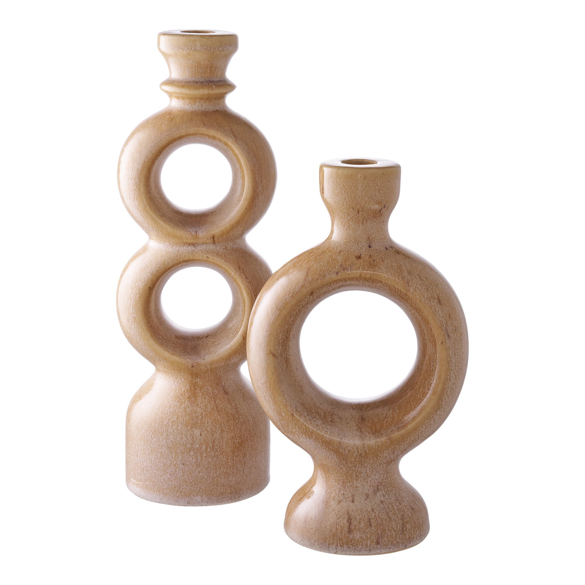Duo bougeoirs céramique camel grand modèle double anneau et petit modèle anneau unique