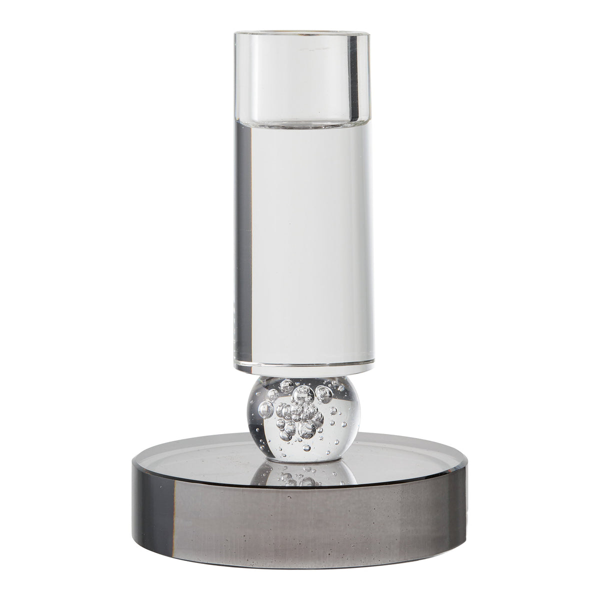 Bougeoir chandelle en verre transparent avec sphère à bulles d'air et socle en verre gris vue de face sur fond blanc