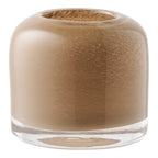 Bougeoir chauffe-plat en verre soufflé brun taupe en forme de dôme sur base transparente vue de face