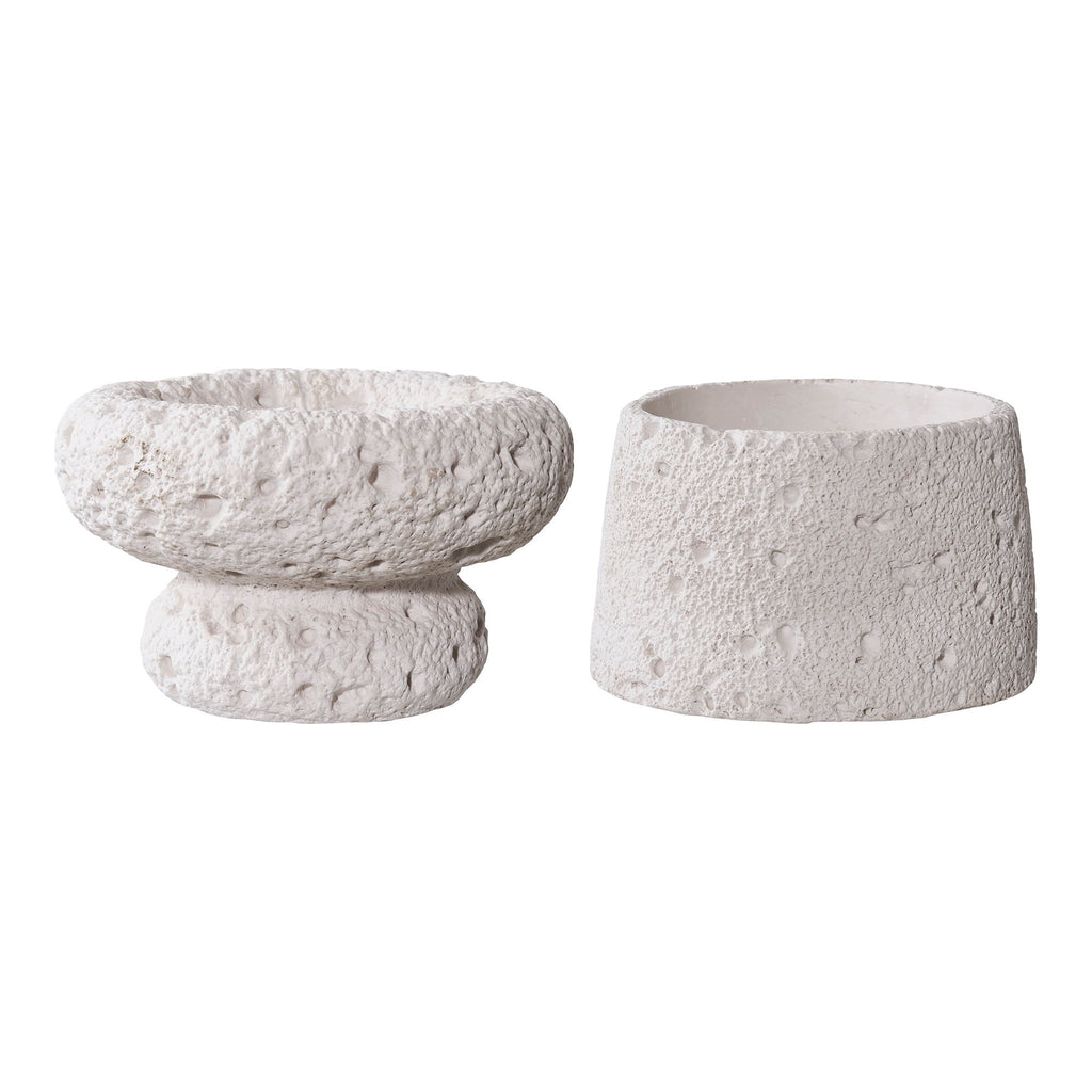 Set 2 bougeoirs ciment texturé blanc volcanique coupe et bol vue de face fond blanc
