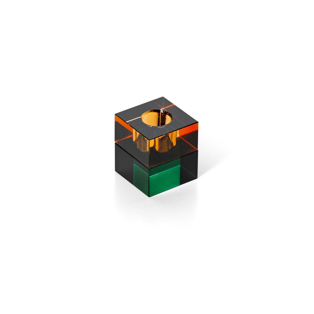 Bougeoir cube en verre recyclé ambre et vert 5 cm en situation